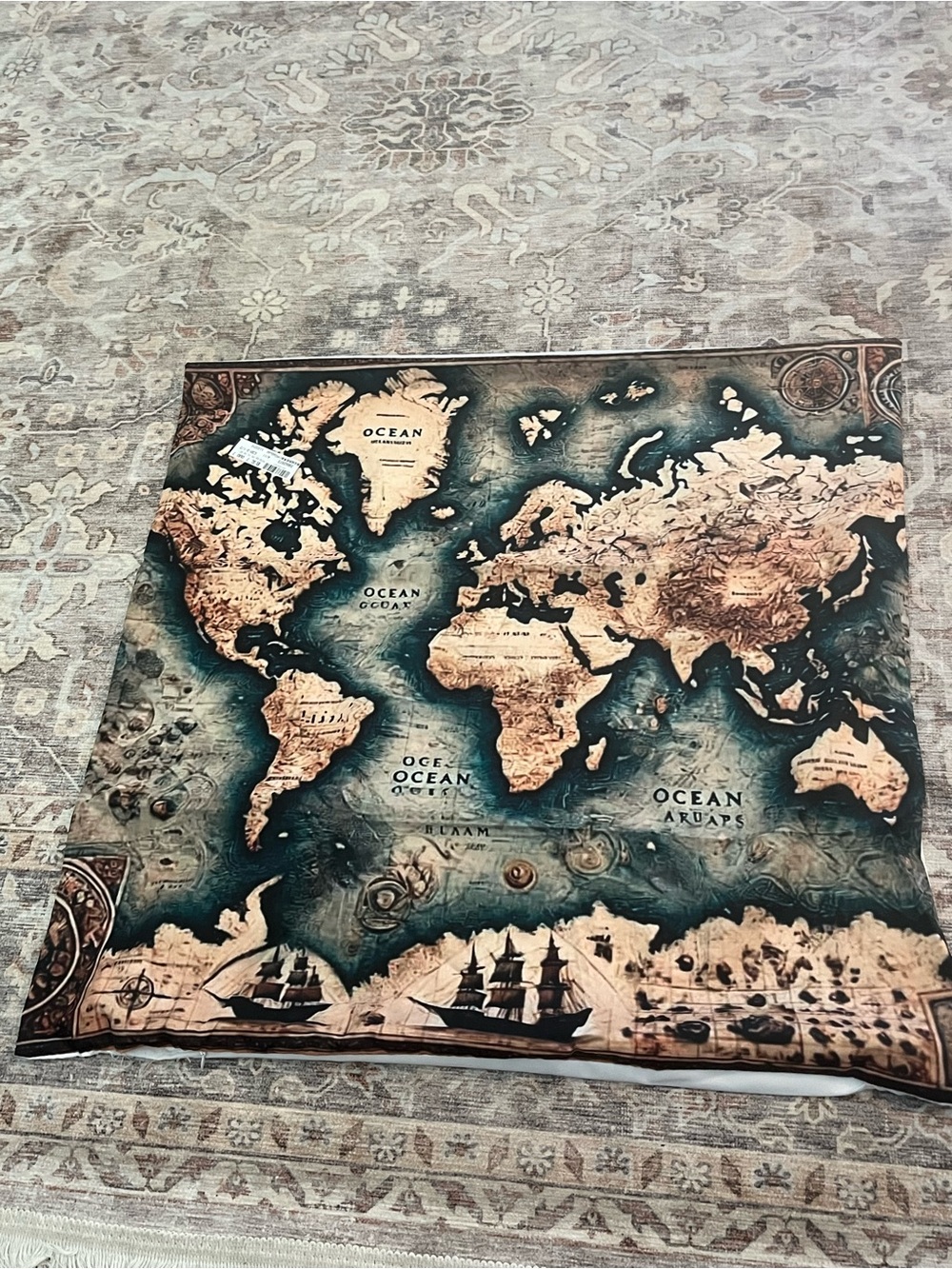 Vintage Style Ocean World Map Pillow Covers in Teal and Tan 24x24 (2)